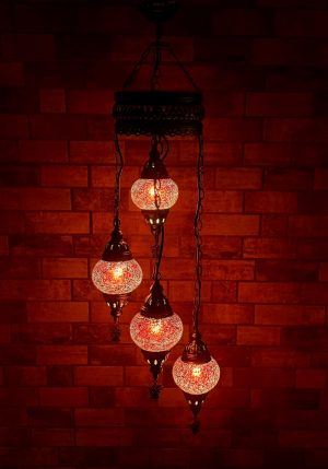 Μωσαϊκός Κρακελέ Πολυέλαιος με 4 Λάμπες, αντικέ, vintage, Κόκκινος MCRC4SR