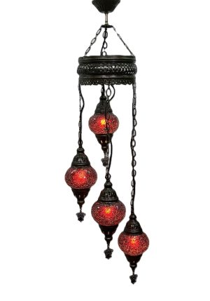 Μωσαϊκός Κρακελέ Πολυέλαιος με 4 Λάμπες, αντικέ, vintage, Κόκκινος MCRC4SR