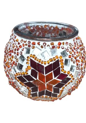 Γυάλινο κηροπήγιο πορτοκαλί μωσαϊκό, βάση ρεσώ μεγάλη μωσαϊκό